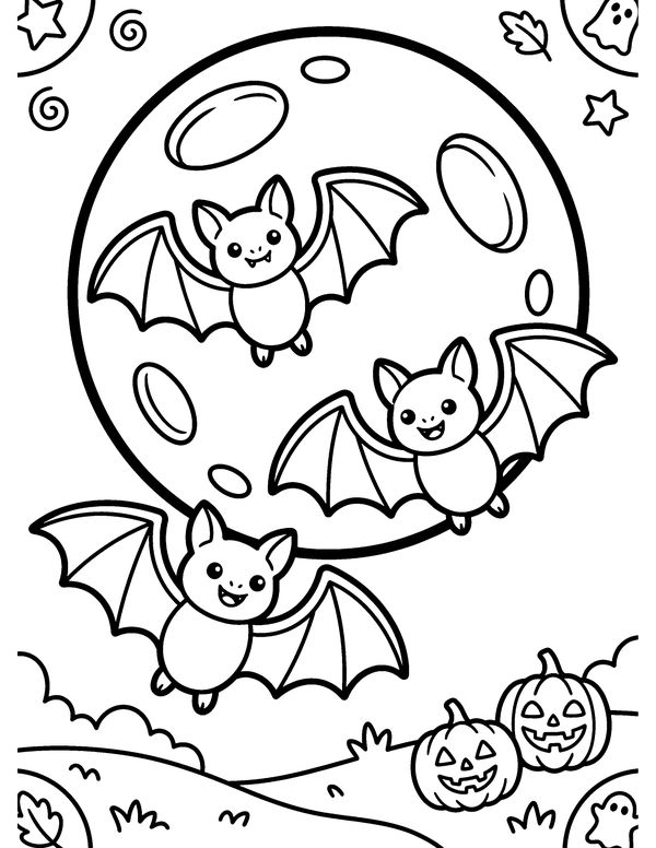 Bats and the Moon free printable Halloween coloring page