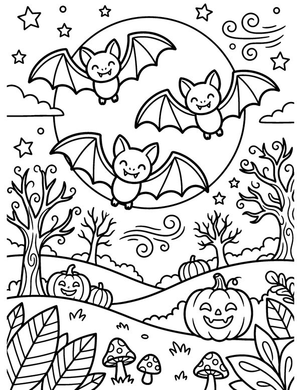 Detailed Bats and the Moon free printable Halloween coloring page