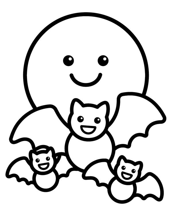 Easy Bats and the Moon free printable Halloween coloring page