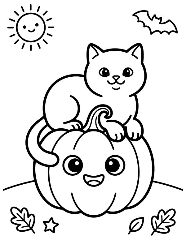 Black Cat on a Pumpkin free printable Halloween coloring page