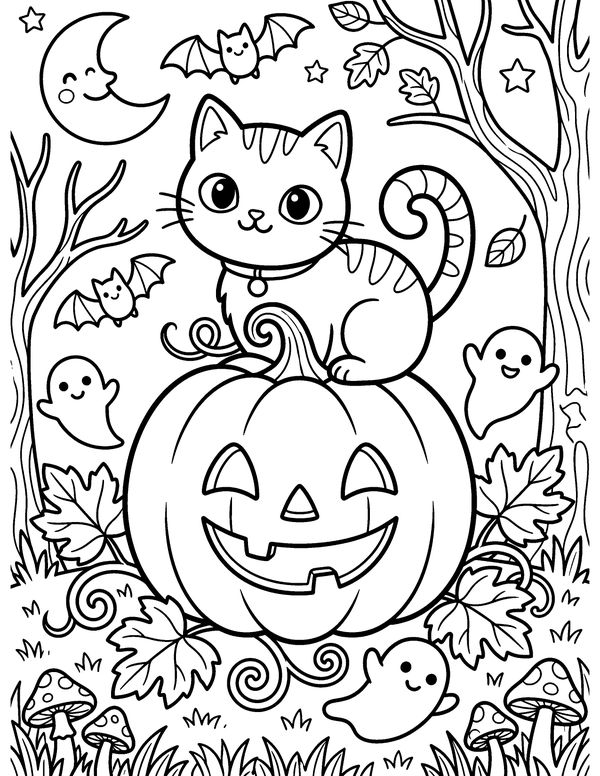 Detailed Black Cat on a Pumpkin free printable Halloween coloring page