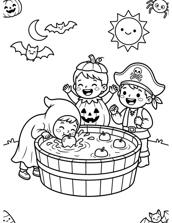 Bobbing for Apples free printable Halloween coloring page