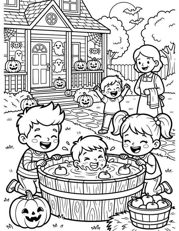 Detailed Bobbing for Apples free printable Halloween coloring page