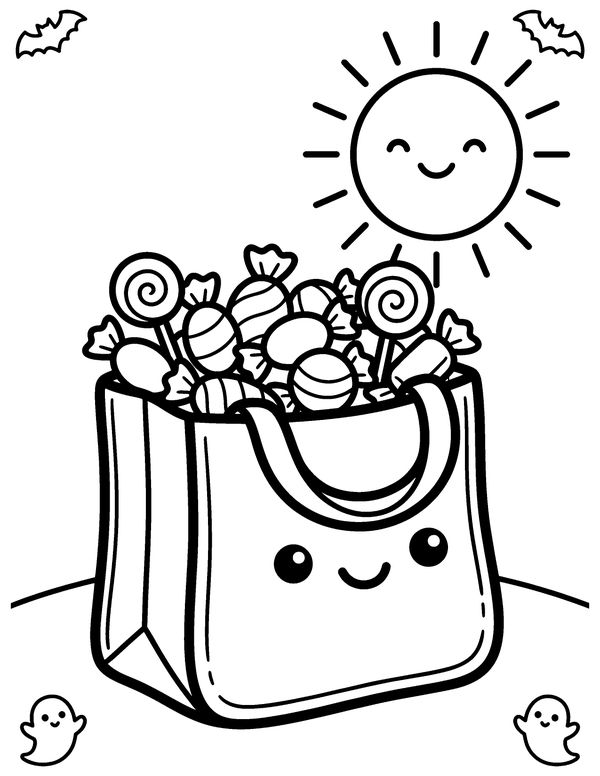 Overflowing Candy Bag free printable Halloween coloring page