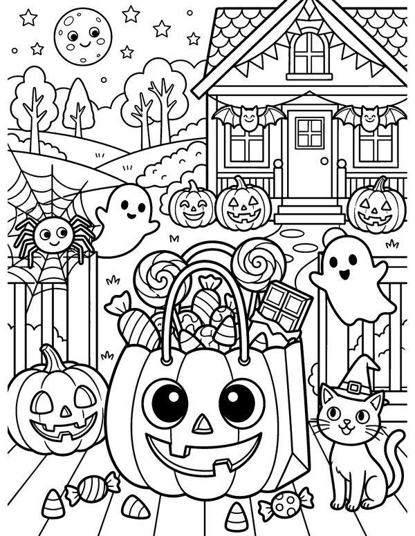 Detailed Overflowing Candy Bag free printable Halloween coloring page