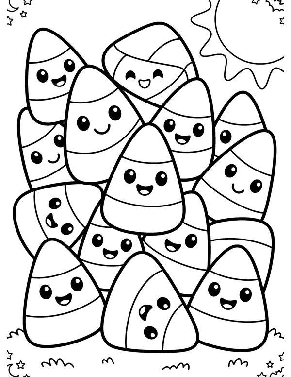 Candy Corn Friends free printable Halloween coloring page