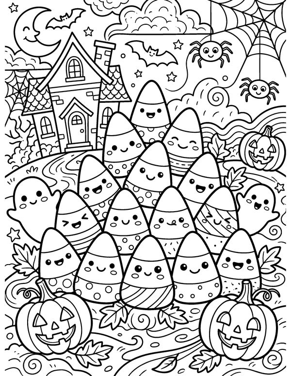 Detailed Candy Corn Friends free printable Halloween coloring page