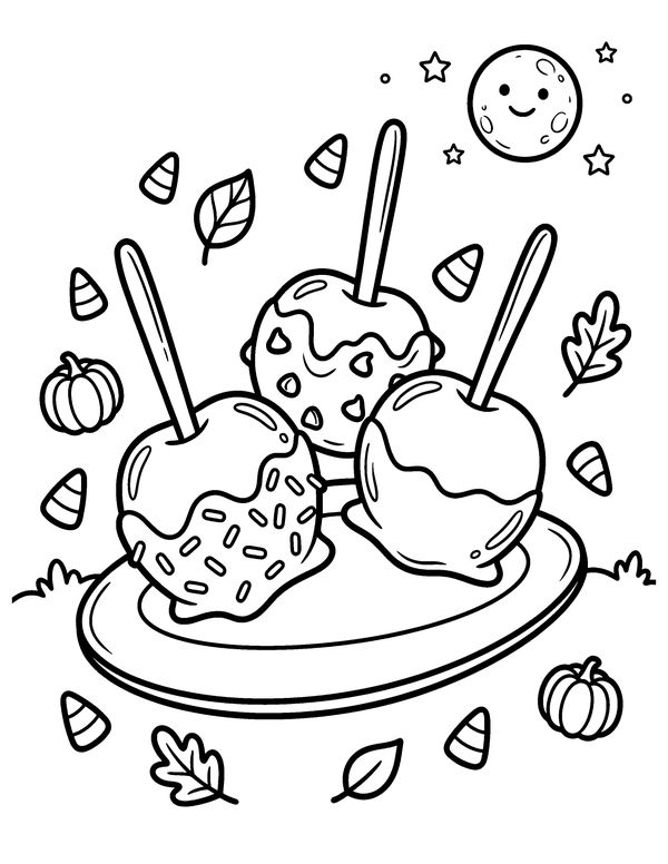 Caramel Apples free printable Halloween coloring page