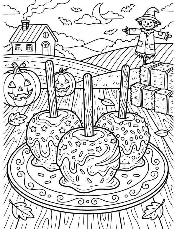 Detailed Caramel Apples free printable Halloween coloring page