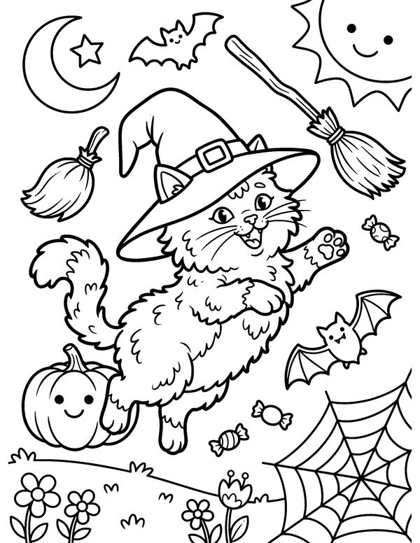 Cat in a Witch Hat free printable Halloween coloring page