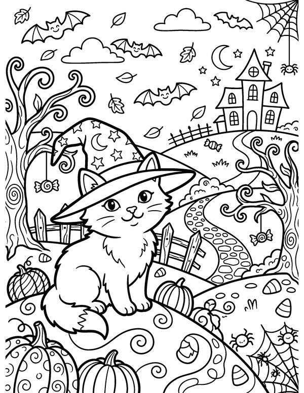 Detailed Cat in a Witch Hat free printable Halloween coloring page