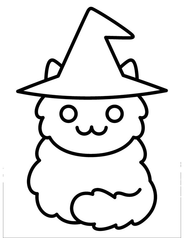 Easy Cat in a Witch Hat free printable Halloween coloring page