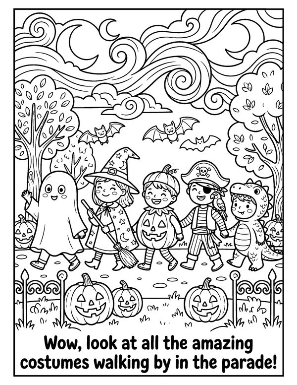 Costume Parade free printable Halloween coloring page