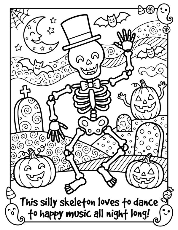 Dancing Skeleton free printable Halloween coloring page