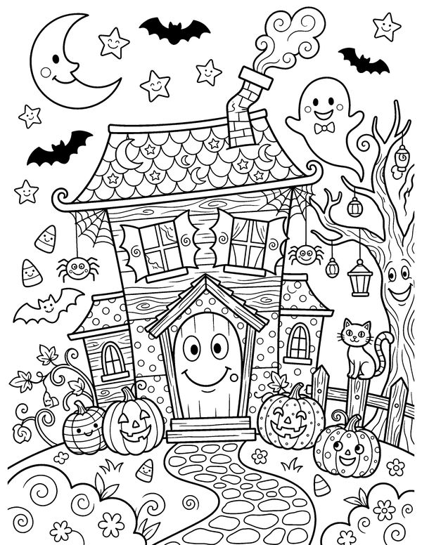 Detailed Friendly Haunted House free printable Halloween coloring page