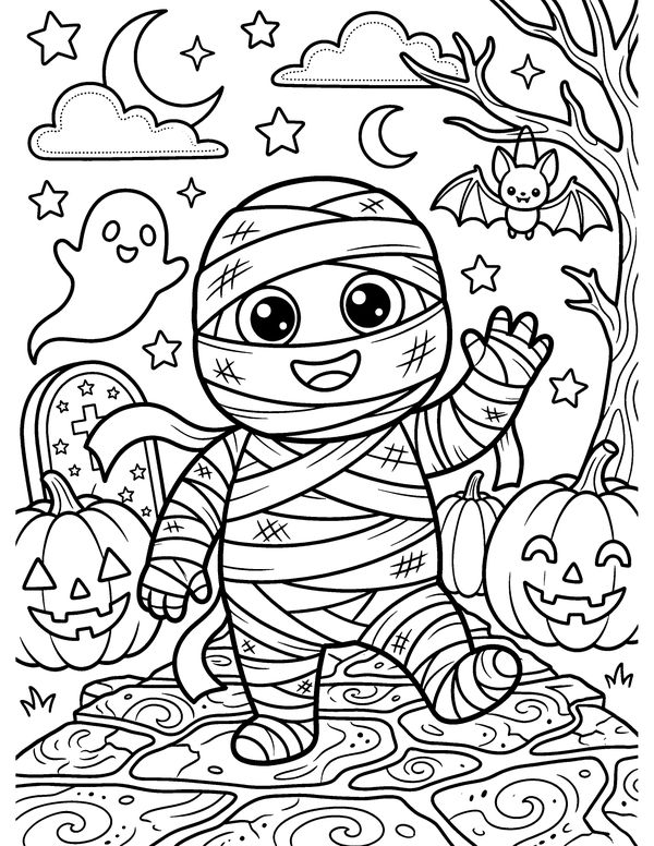 Detailed Friendly Mummy free printable Halloween coloring page
