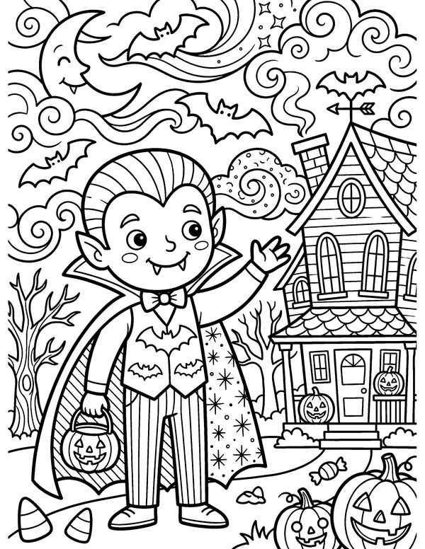 Detailed Friendly Vampire Kid free printable Halloween coloring page