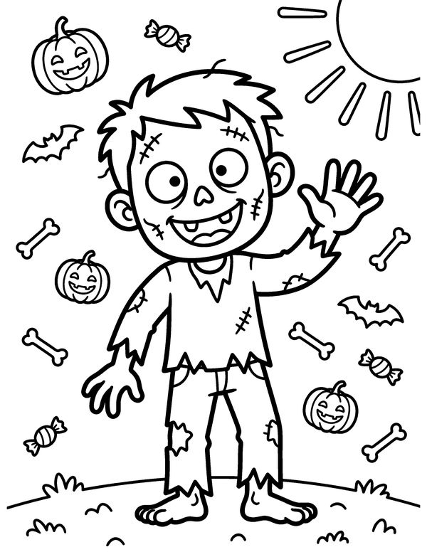 Friendly Zombie free printable Halloween coloring page