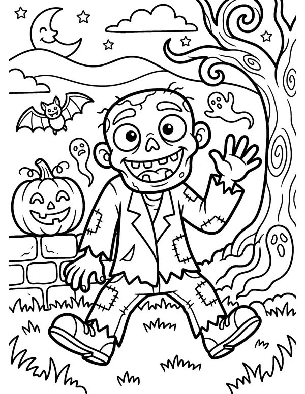 Detailed Friendly Zombie free printable Halloween coloring page