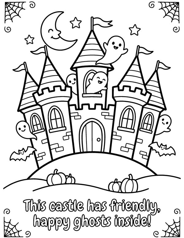 Happy Ghost Castle free printable Halloween coloring page