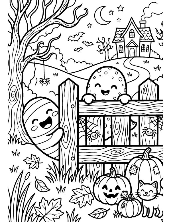 Detailed Peekaboo Ghosts free printable Halloween coloring page