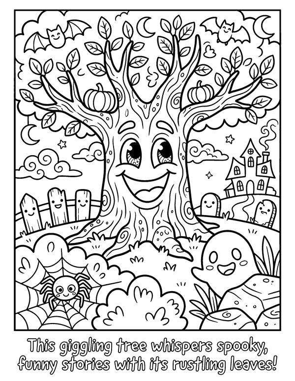 Giggling Spooky Tree free printable Halloween coloring page