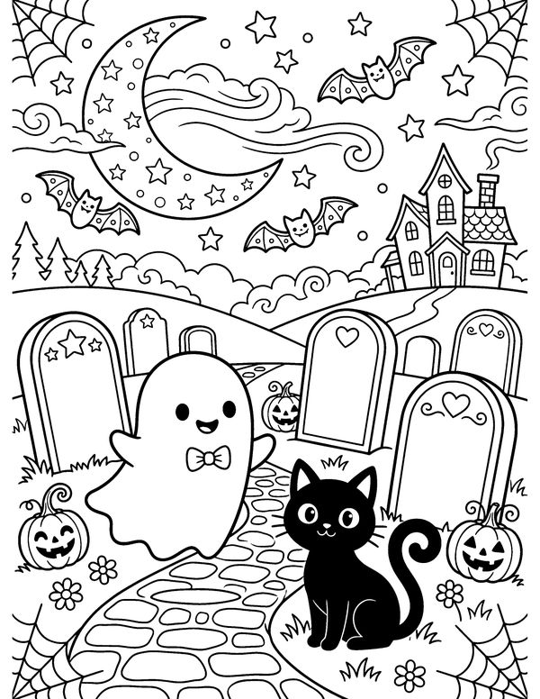 Detailed Graveyard Friends free printable Halloween coloring page