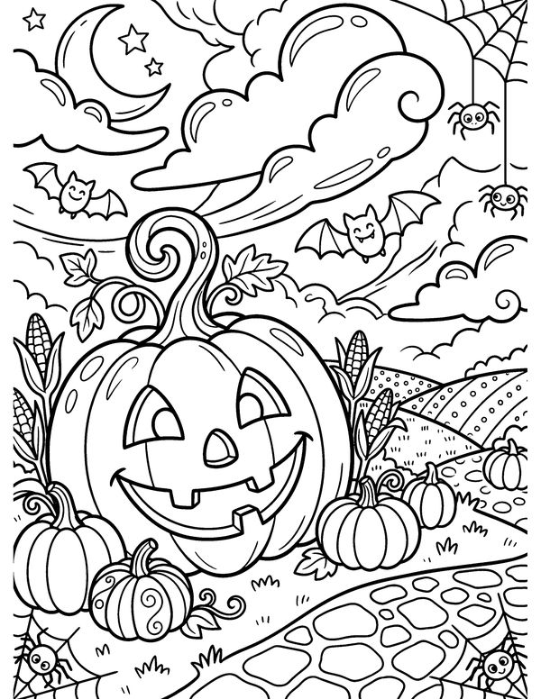 Detailed Grinning Jack-o'-Lantern free printable Halloween coloring page