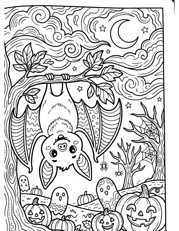 Detailed Happy Bat free printable Halloween coloring page
