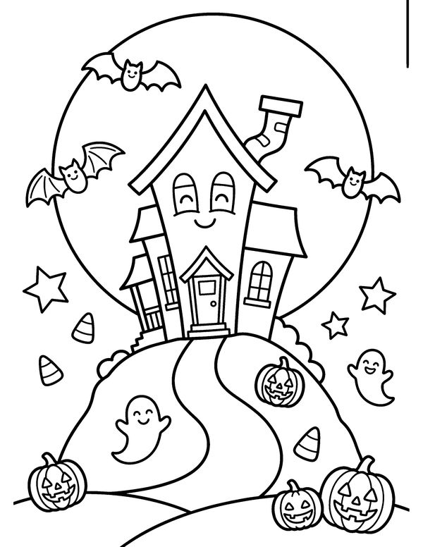 Haunted House on the Hill free printable Halloween coloring page