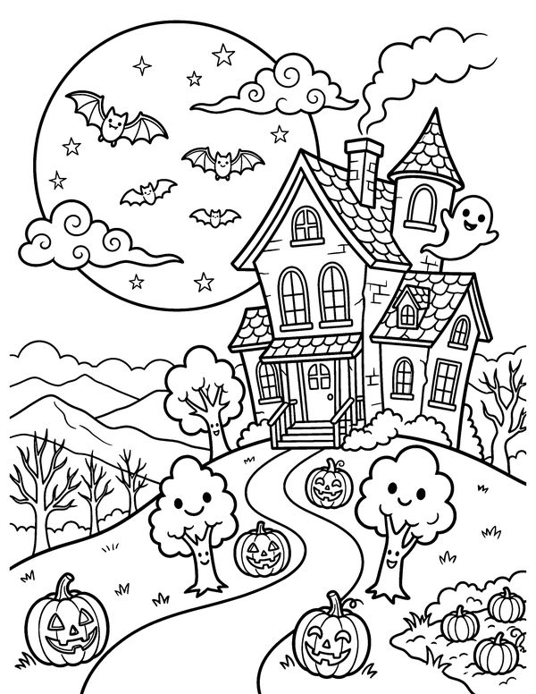 Detailed Haunted House on the Hill free printable Halloween coloring page