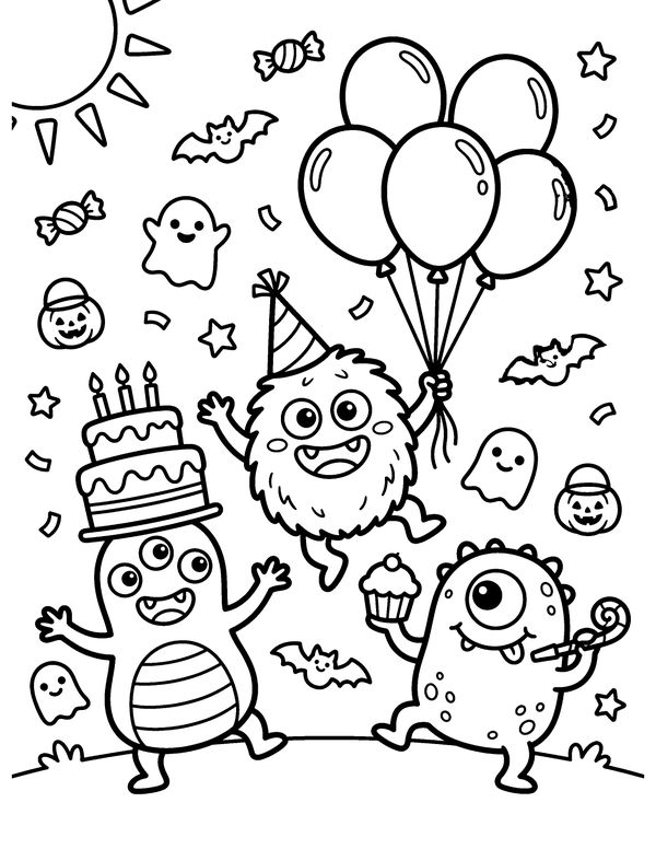 Monster Party free printable Halloween coloring page