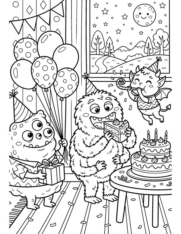 Detailed Monster Party free printable Halloween coloring page