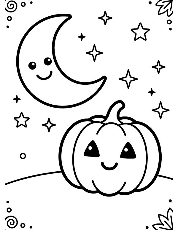 Smiling Moon and Stars free printable Halloween coloring page