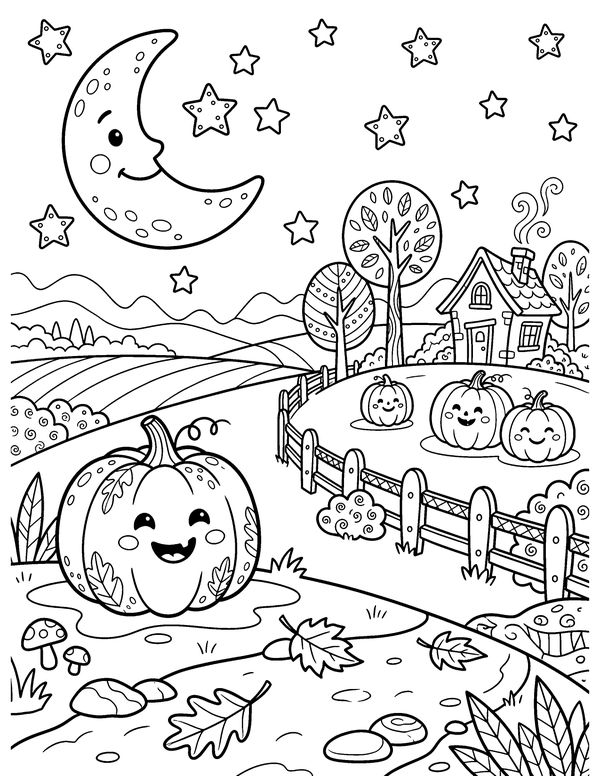 Detailed Smiling Moon and Stars free printable Halloween coloring page