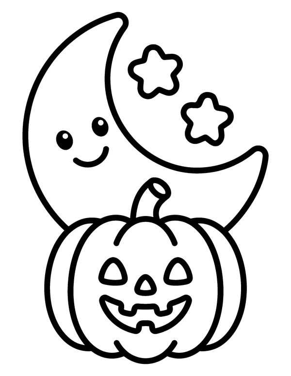 Easy Smiling Moon and Stars free printable Halloween coloring page