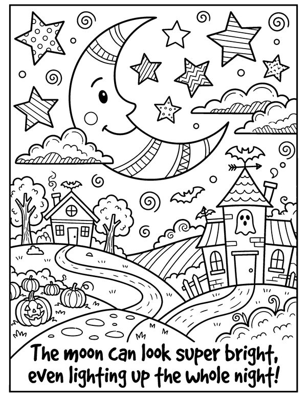 Moonlit Halloween Village free printable Halloween coloring page