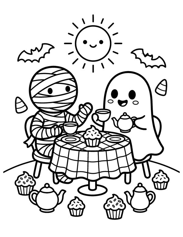 Mummy Tea Party free printable Halloween coloring page