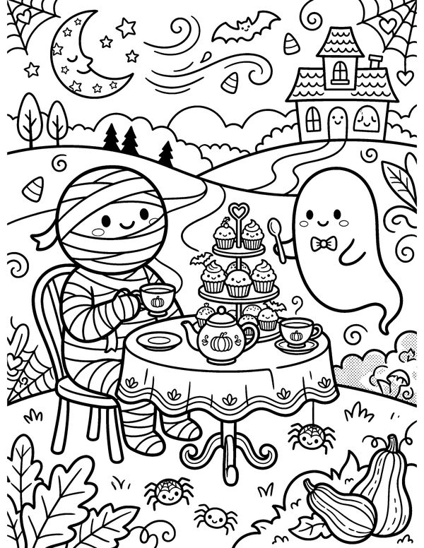 Detailed Mummy Tea Party free printable Halloween coloring page