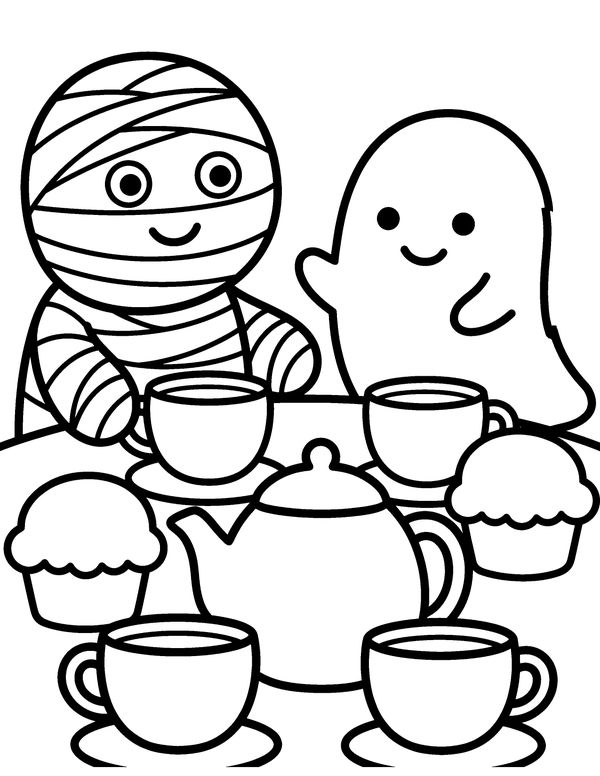 Easy Mummy Tea Party free printable Halloween coloring page