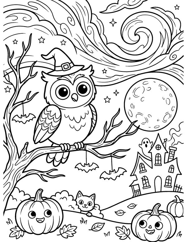 Detailed Owl on a Branch free printable Halloween coloring page