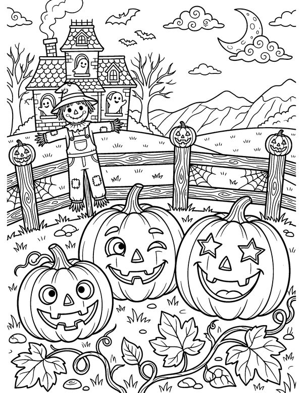 Detailed Jack-o'-Lantern Family free printable Halloween coloring page
