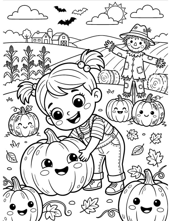 Detailed Pumpkin Picking Day free printable Halloween coloring page