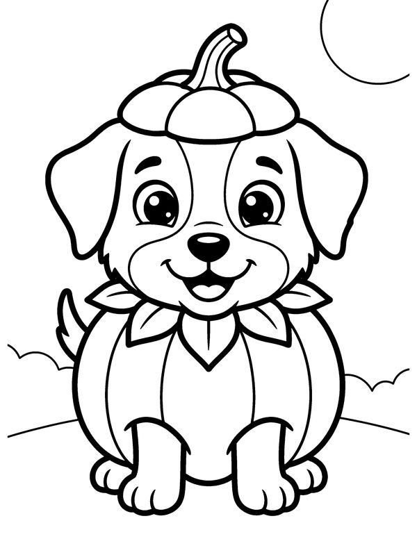 Puppy in a Pumpkin Costume free printable Halloween coloring page