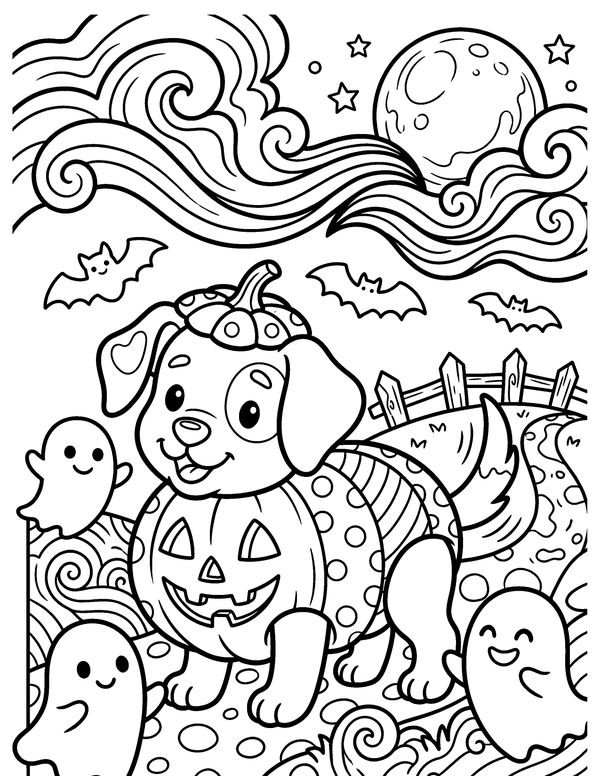 Detailed Puppy in a Pumpkin Costume free printable Halloween coloring page