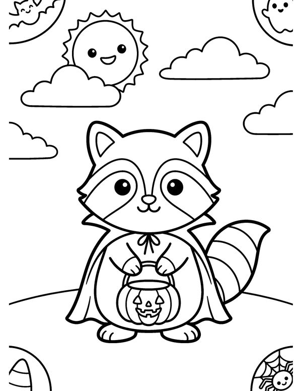 Raccoon Trick-or-Treater free printable Halloween coloring page