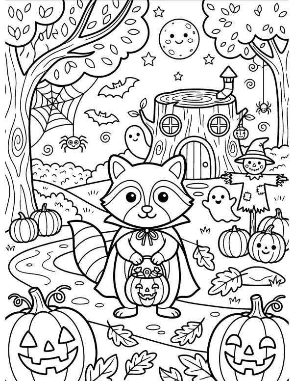 Detailed Raccoon Trick-or-Treater free printable Halloween coloring page