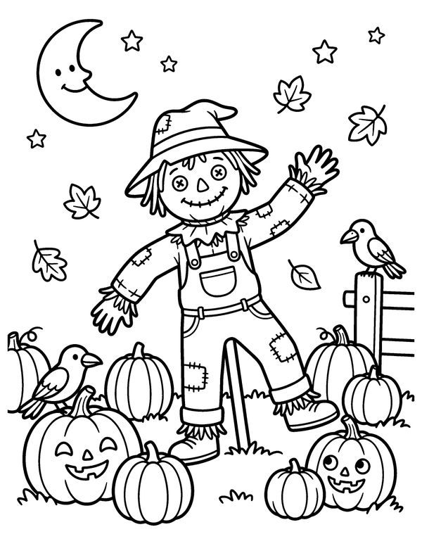 Scarecrow in the Pumpkin Field free printable Halloween coloring page