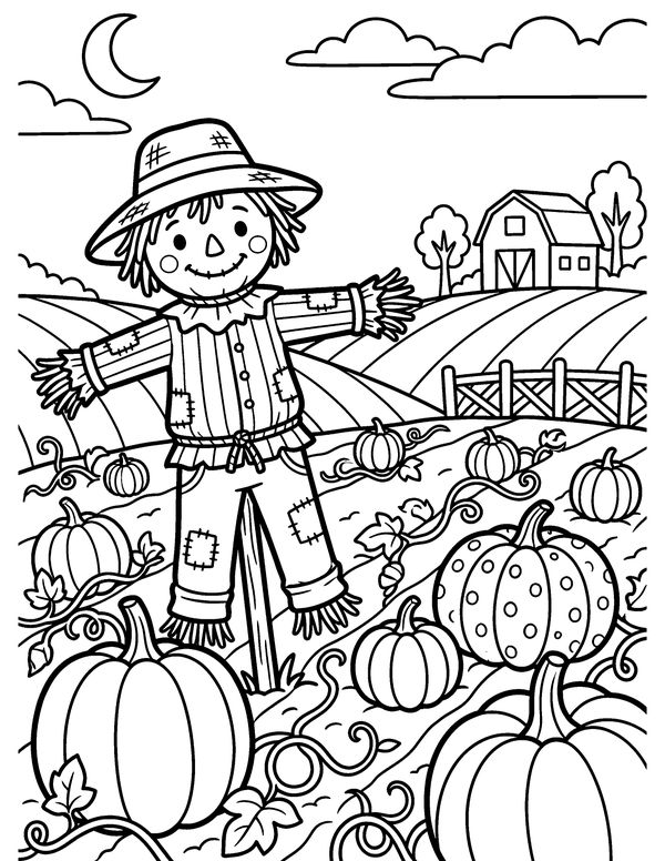 Detailed Scarecrow in the Pumpkin Field free printable Halloween coloring page