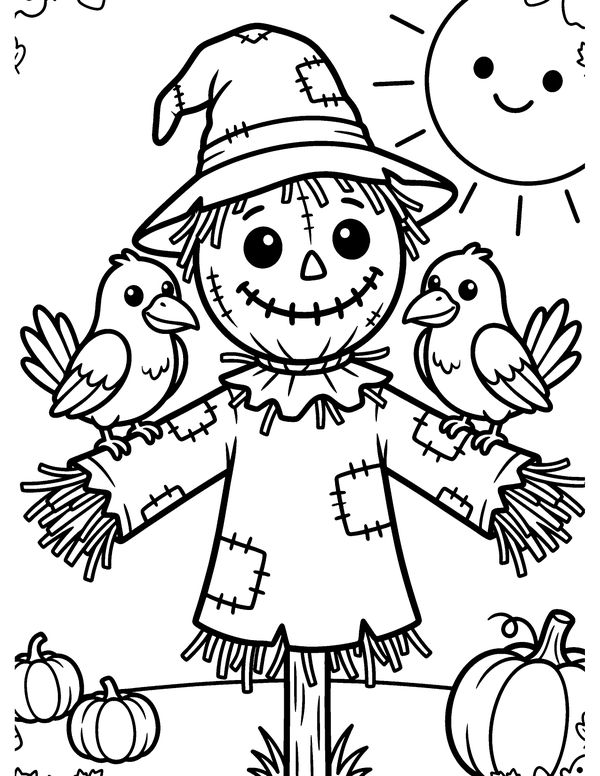 Friendly Scarecrow free printable Halloween coloring page